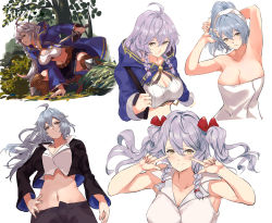 Rule 34 | 1girl, ahoge, alternate hairstyle, bare shoulders, belt, black jacket, black skirt, blue coat, blue hair, boots, braid, breasts, brown footwear, cleavage, closed mouth, coat, collarbone, collared shirt, crop top, crop top overhang, cropped jacket, cropped legs, dagger, granblue fantasy, grey hair, highres, holding, holding dagger, holding knife, holding weapon, hood, hooded coat, jacket, knife, large breasts, long sleeves, looking at viewer, midriff, multiple views, naked towel, nos, on one knee, pointing, pointing at self, purple hair, shirt, silva (granblue fantasy), skirt, sleeveless, sleeveless shirt, smile, towel, tree, twin braids, two side up, tying hair, weapon, white shirt, yellow eyes