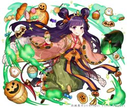 Rule 34 | 1girl, candy, cookie, crown, cupcake, food, food-themed hair ornament, hair ornament, hair rings, hand on own cheek, hand on own face, holding, holding food, jack-o&#039;-lantern, japanese clothes, jewelry, kimono, licking lips, lollipop, long hair, looking at viewer, necklace, official art, pumpkin, pumpkin hair ornament, purple eyes, purple hair, shirako miso, shoumetsu toshi 2, solo, sweets, tongue, tongue out, very long hair, watermark, wide sleeves, wrapped candy