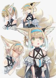 Rule 34 | 1girl, ;), absurdres, alternate hairstyle, animal ears, arknights, bare shoulders, blonde hair, blue hairband, blush, braid, clothing cutout, dress, earpiece, extra ears, fox ears, fox girl, fox tail, green eyes, hairband, highres, id card, infection monitor (arknights), kilabo, kitsune, long hair, looking at viewer, looking up, material growth, multicolored hair, multiple tails, multiple views, one eye closed, open mouth, oripathy lesion (arknights), ponytail, shoulder cutout, sidelocks, simple background, smile, sparkle, streaked hair, suzuran (arknights), tail, teeth, upper teeth only, white background, white dress, white hair, white wrist cuffs, wrist cuffs
