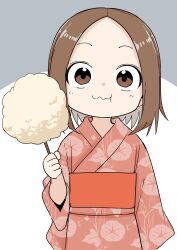 Rule 34 | 1girl, brown eyes, brown hair, closed mouth, commentary request, cotton candy, floral print, food, grey background, hand up, highres, holding, holding food, inaba mifumi, japanese clothes, karakai jouzu no (moto) takagi-san, karakai jouzu no takagi-san, kimono, long sleeves, looking at viewer, nishikata chii, obi, orange kimono, orange sash, sash, short hair, sleeves past wrists, solo, two-tone background, wavy mouth, white background