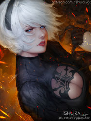 Rule 34 | 1girl, android, black dress, black hairband, blue eyes, breasts, cleavage, cleavage cutout, clothing cutout, commentary, dress, english commentary, from above, hairband, juliet sleeves, large breasts, long sleeves, looking at viewer, mole, mole under mouth, nier (series), nier:automata, parted lips, puffy sleeves, red lips, shurakrgt, silver hair, solo, vambraces, 2b (nier:automata)