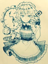 Rule 34 | 1girl, ahoge, apron, bow, bowtie, braid, card, clock, closed mouth, commentary request, cup, efukei, frilled apron, frills, hair between eyes, hand up, holding, holding card, izayoi sakuya, juliet sleeves, long sleeves, looking at viewer, maid, maid headdress, monochrome, one-hour drawing challenge, puffy sleeves, side braid, smile, solo, teacup, teapot, touhou, traditional media, tray, twin braids, waist apron, yu-gi-oh!