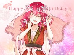 Rule 34 | 1girl, akatsuki no yona, aminyao, blush, cherry blossoms, closed eyes, facing viewer, flower, hair flower, hair ornament, happy birthday, highres, korean clothes, multicolored background, pink background, purple background, red hair, short sleeves, solo, yona (akatsuki no yona)
