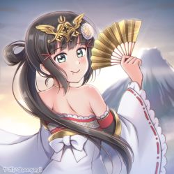 Rule 34 | 1girl, alternate hairstyle, aqua eyes, artist name, artist request, black hair, blush, breasts, collarbone, day, dress, female focus, green eyes, hair ornament, hairclip, hand fan, highres, holding, holding fan, japanese clothes, kurosawa dia, long hair, looking at viewer, looking back, love live!, love live! school idol festival, love live! school idol festival all stars, love live! sunshine!!, mole, mole under mouth, mountain, outdoors, parted lips, ponyagii, ribbon-trimmed legwear, ribbon trim, sky, smile, solo, tiara, two side up, white dress