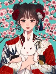 Rule 34 | 1girl, absurdres, aegyo sal, aqua background, black eyes, black hair, branch, cherry blossoms, chinese zodiac, commentary request, double bun, eyelashes, flower, hair bun, hair flower, hair ornament, highres, holding animal, holding rabbit, japanese clothes, kimono, looking at viewer, multicolored clothes, multicolored kimono, norimaki (seidan0611), original, rabbit, red flower, red lips, short hair, solo, tassel, upper body, white flower, white fur, year of the rabbit