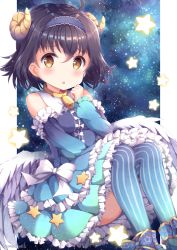 Rule 34 | 1girl, :o, ahoge, ankle bow, ankle ribbon, black hair, blue dress, blue thighhighs, blush, bow, brown eyes, clenched hand, commentary request, crossed bangs, detached sleeves, dress, feathered wings, frilled dress, frilled sleeves, frills, hairband, horns, leg ribbon, lolita fashion, looking at viewer, neck bell, niwasane (saneatsu03), original, print bow, ribbon, sheep horns, short hair, sitting, solo, star (symbol), star print, starry background, striped clothes, striped thighhighs, thighhighs, twitter username, vertical-striped clothes, vertical-striped thighhighs, white bow, white wings, wings