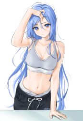 Rule 34 | 1girl, arm support, arm up, armpits, bare arms, bare shoulders, black pants, black shorts, blue eyes, blue hair, blush, chaesu, collarbone, crop top, drawstring, gradient eyes, hair between eyes, hand in own hair, hand on own head, highres, long hair, looking at viewer, messy hair, midriff, bae minah (chaesu), multicolored eyes, navel, original, pants, shorts, simple background, sleeveless, solo, sports bra, standing, stomach, very long hair, white background