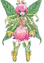 Rule 34 | 1girl, artist request, breasts, digimon, dress, fairy, fairy wings, fang, full body, highres, lilimon, long hair, looking at viewer, monster girl, nail polish, open mouth, plant, plant girl, simple background, smile, thorns, wings