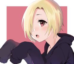 10s 1girl blonde_hair blush brown_eyes deca_purio female_focus hair_over_one_eye idolmaster idolmaster_cinderella_girls long_sleeves open_mouth shirasaka_koume short_hair sleeves_past_wrists solo