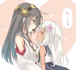 Rule 34 | 10s, 2girls, age difference, azuuru (azure0608), bare shoulders, blush, brown eyes, child, closed eyes, crop top, detached sleeves, flower, grey hair, hair flower, hair ornament, hairband, haruna (kancolle), headgear, height difference, kantai collection, long hair, md5 mismatch, mouth hold, multiple girls, neckerchief, nontraditional miko, onee-loli, open mouth, resized, ro-500 (kancolle), sailor collar, school uniform, tan, white hair, yuri