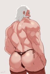 Rule 34 | 1boy, ass, ass focus, back, bara, beard, black panties, crossdressing, facial hair, fishnet thighhighs, fishnets, from behind, grey background, lingerie, looking at viewer, looking back, male focus, muscular, old, old man, overwatch, overwatch 1, panties, reinhardt (overwatch), signature, simple background, solo, string panties, thighhighs, thighs, underwear, white hair