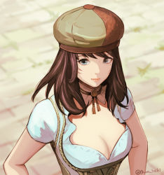 Rule 34 | 1girl, warrior of light (ff14), blue eyes, blurry, blurry background, breasts, brown hair, cleavage, facial mark, final fantasy, final fantasy xiv, from above, hat, long hair, looking at viewer, medium breasts, miqo&#039;te, muraicchi (momocchi), scoop neck, short sleeves, solo, upper body, whisker markings