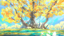 blue_sky bug butterfly commentary english_commentary forest glowing_animal glowing_butterfly grass insect kloir landscape nature original painterly sky spirit sunlight tiger tree yellow_leaf