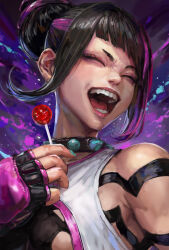 Rule 34 | 1girl, black hair, candy, closed eyes, collar, fingerless gloves, food, gloves, han juri, highres, holding, holding candy, holding food, holding lollipop, laughing, lollipop, miche, multicolored hair, open mouth, pink hair, solo, spiked collar, spikes, streaked hair, street fighter, street fighter 6