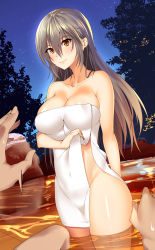 Rule 34 | 10s, bath, bathing, black hair, breasts, brown eyes, commentary request, covering privates, groin, hair between eyes, haruna (kancolle), highres, inuikentarou, kantai collection, large breasts, long hair, naked towel, nude cover, onsen, outdoors, partially submerged, rock, soaking feet, towel, water, wet