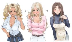 1girl :d age_progression apron arm_under_breasts arrow_(symbol) belt black_nails blonde_hair blue_sweater blush breasts brown_eyes brown_hair cleavage clothes_around_waist collarbone collared_shirt cowboy_shot cropped_legs curly_hair ear_piercing earrings eyelashes eyes_visible_through_hair fang fingernails gyaru hair_dye hand_on_own_hip hand_up housewife jacket jacket_around_waist jewelry large_breasts long_eyelashes long_fingernails long_hair looking_at_viewer looking_to_the_side mature_female mole mole_on_breast multicolored_hair nail_polish open_mouth original pants parted_bangs piercing pink_nails pink_sweater plaid_clothes plaid_skirt progression qopqop ribbed_sweater roots_(hair) school_uniform shirt simple_background skin_fang skirt sleeves_rolled_up smile standing sweater tan twintails twirling_hair white_apron white_background white_pants white_shirt