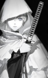 Rule 34 | 1boy, aged down, ayiad, blurry, cape, devil may cry (series), greyscale, highres, holding, holding sword, holding weapon, katana, looking at viewer, male focus, monochrome, simple background, solo, sword, torn cape, torn clothes, vergil (devil may cry), weapon, white cape, yamato (sword)