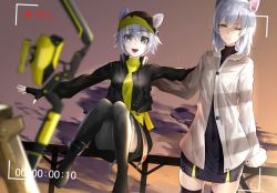 Rule 34 | 2girls, animal ears, ankle cuffs, arknights, black legwear, blue eyes, breasts, click (arknights), commentary request, covered navel, grey hair, jacket, kureneko, looking at viewer, mole, mole under mouth, mouse ears, mouse girl, mouse tail, multiple girls, one eye closed, open mouth, outdoors, scavenger (arknights), shirt, short hair, small breasts, smile, sunset, tail, white jacket, yellow eyes, yellow shirt