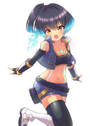 Rule 34 | 1girl, blue hair, brown hair, chest jewel, fiery hair, glowing lines, high tops, highres, navel, open mouth, sena (xenoblade), shoulder strap, side ponytail, simple background, sneakers, solo, sports bra, tavn, white background, xenoblade chronicles (series), xenoblade chronicles 3
