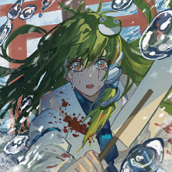 Rule 34 | 1girl, bad id, bad pixiv id, blood, blood on clothes, blood stain, crying, crying with eyes open, female focus, frog hair ornament, green hair, hair ornament, japanese clothes, kaoru (alicemakoto), kochiya sanae, miko, mind break, open mouth, orange eyes, solo, tears, torii, touhou, water drop