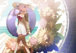 Rule 34 | 1girl, :d, bad id, bad pixiv id, black-framed eyewear, blue eyes, blue sky, blush, cloud, cloudy sky, day, dress, fate/grand order, fate (series), floral background, fou (fate), from side, glasses, hood, hoodie, horizon, innertube, light purple hair, looking at viewer, mash kyrielight, mash kyrielight (swimsuit of perpetual summer), ocean, official alternate costume, one-piece swimsuit, open clothes, open hoodie, open mouth, outdoors, purple hair, rano, semi-rimless eyewear, short dress, short hair, sky, smile, solo, sundress, swim ring, swimsuit, under-rim eyewear, white dress, white one-piece swimsuit