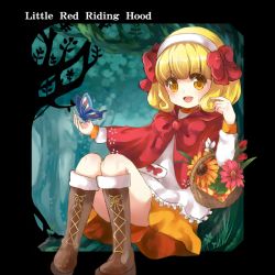 Rule 34 | 10s, 1girl, bad id, bad pixiv id, basket, blonde hair, boots, bow, bug, butterfly, choker, dress, flower, full body, grimm&#039;s fairy tales, hair bow, hairband, bug, kise yayoi, little red riding hood, little red riding hood (grimm), orange dress, orange skirt, precure, rimoko, shawl, short hair, skirt, smile precure!, solo, white hairband, yellow eyes