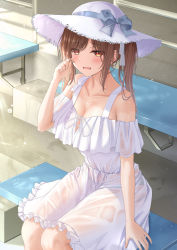 Rule 34 | 1girl, bare shoulders, blush, breasts, brown eyes, brown hair, cleavage, collarbone, dress, hat, highres, large breasts, long hair, looking at viewer, monaka curl, open mouth, original, sidelocks, sitting, solo, sun hat, tears, thighs, twintails, wet, wet clothes, white dress, white hat