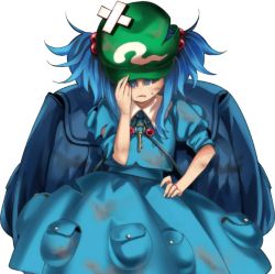 Rule 34 | 1girl, backpack, bag, blue hair, face down, hair bobbles, hair ornament, hand on own hip, harukawa moe, hat, holding, holding hat, kawashiro nitori, key, official art, shirt, short hair, short sleeves, skirt, solo, torn clothes, touhou, transparent background, twintails, urban legend in limbo