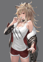 Rule 34 | 1girl, animal ears, arknights, bare shoulders, black jacket, breasts, brown eyes, brown hair, candy, cleavage, collar, collarbone, cowboy shot, cuboon, cutoffs, food, fur trim, grey background, hand up, holding, holding candy, holding food, holding lollipop, jacket, lion ears, lollipop, long hair, looking at viewer, medium breasts, nail polish, off shoulder, open clothes, open jacket, parted lips, ponytail, red shorts, shirt, short shorts, shorts, siege (arknights), simple background, sleeveless, sleeveless shirt, solo, white shirt