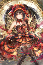 Rule 34 | 1girl, bare shoulders, black hair, boots, breasts, cleavage, date a live, dress, hairband, heterochromia, highres, kyurin (sunnydelight), lolita fashion, lolita hairband, long hair, looking at viewer, medium breasts, red eyes, smile, solo, thighhighs, tokisaki kurumi, twintails, yellow eyes