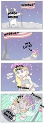 Rule 34 | 1girl, 4koma, @ @, american flag, arm up, arms up, arrow (symbol), astronaut, attack, blonde hair, censored, clenched teeth, clownpiece, comic, commentary, english text, fairy, fairy wings, hat, heavy breathing, helmet, holding, image sample, jester cap, long hair, meme, moon, motion lines, censored nipples, novelty censor, nude, open mouth, purple eyes, rock, setz, spacesuit, speech bubble, standing, star (sky), talking, teeth, the onion, touhou, wings