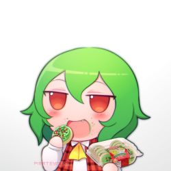 Rule 34 | 1girl, ascor, checkered clothes, checkered shirt, cookie, eating, fang, food, fumo (doll), green hair, holding, kazami yuuka, open mouth, pirateyoukai, red eyes, shirt, short hair, simple background, sugar cookie, touhou, white background