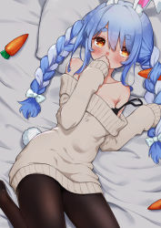 Rule 34 | 1girl, absurdres, alternate costume, animal ear fluff, animal ears, bed sheet, beige sweater, black bra, black pantyhose, blue hair, blush, bra, braid, carrot hair ornament, collarbone, food-themed hair ornament, from above, hair ornament, highres, hololive, kutar22, long hair, long sleeves, looking at viewer, lying, multicolored hair, off shoulder, on bed, orange eyes, pantyhose, pillow, rabbit ears, rabbit girl, rabbit tail, sidelocks, sleeves past wrists, solo, strap slip, streaked hair, sweater, tail, thick eyebrows, twin braids, twintails, two-tone hair, underwear, usada pekora, virtual youtuber, white hair