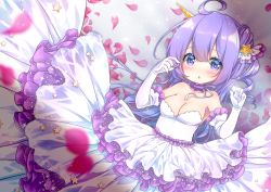 Rule 34 | 1girl, :o, azur lane, bare shoulders, blurry, blurry foreground, blush, breasts, cleavage, commentary request, depth of field, dress, elbow gloves, gloves, hair between eyes, hair bun, hair ornament, hands up, long hair, looking at viewer, medium breasts, one side up, parted lips, petals, playing with own hair, pleated dress, purple eyes, purple hair, sawa (sawasaku), side bun, single hair bun, single side bun, solo, star (symbol), star hair ornament, strapless, strapless dress, unicorn (azur lane), very long hair, white dress, white gloves