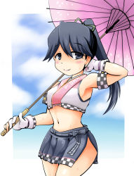 Rule 34 | 10s, 1girl, blush, breasts, cleavage, earrings, gloves, highres, houshou (kancolle), imagawa akira, jewelry, kantai collection, long hair, midriff, navel, race queen, small breasts, smile, solo, sweat, umbrella