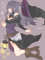 Rule 34 | 1girl, alternate costume, amamiya (alice413), black eyes, black hair, blush, boots, breasts, cleavage, fire emblem, fire emblem fates, grey background, hat, heart, lamp, long hair, nintendo, rhajat (fire emblem), solo, two side up, witch, witch hat