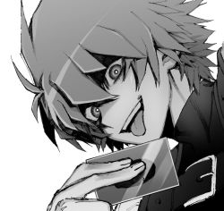 Rule 34 | 1boy, card, dark persona, fingernails, greyscale, hair between eyes, hatching (texture), highres, holding, holding card, johan andersen, maki keigo, male focus, monochrome, shaded face, simple background, sketch, smile, solo, teeth, tongue, tongue out, turtleneck, upper body, upper teeth only, white background, yu-gi-oh!, yu-gi-oh! gx