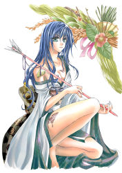 Rule 34 | 1girl, arrow (projectile), blue hair, breasts, cleavage, green eyes, large breasts, long hair, looking at viewer, maria traydor, solo, star ocean, star ocean till the end of time, tattoo