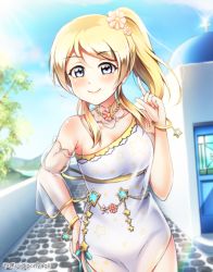 Rule 34 | 1girl, artist request, ayase eli, bare shoulders, blonde hair, blue eyes, blush, breasts, church, cleavage, day, dress, female focus, flower, hair flower, hair ornament, hand on own hip, highres, jewelry, long hair, looking at viewer, love live!, love live! school idol festival, love live! school idol project, necktie, outdoors, parted lips, ponyagii, ponytail, short hair, smile, solo, star (symbol), star print, veil, white dress
