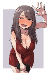 Rule 34 | 1girl, bag, black eyes, blush, breasts, brown hair, cleavage, commentary request, dress, drunk, evening gown, geso smith, handbag, highres, large breasts, long hair, looking at viewer, nose blush, open mouth, original, red dress, short dress, simple background, sleeveless, sleeveless dress, solo, teeth, two-tone background, upper teeth only, waving