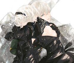 Rule 34 | 1boy, 1girl, 2b (nier:automata), 9s (nier:automata), absurdres, arms around neck, back cutout, black dress, black gloves, black hairband, black jacket, blue eyes, bob cut, breasts, closed eyes, closed mouth, clothing cutout, couple, crying, dress, gloves, hair over one eye, hairband, hand on another&#039;s back, hetero, highres, hug, jacket, juliet sleeves, long sleeves, medium breasts, nier:automata, nier (series), nitijoy2, puffy sleeves, short hair, smile, tears, upper body, white hair