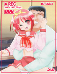 Rule 34 | 1boy, 1girl, blush, clothes lift, clothes pull, hand in panties, hand under clothes, hand under shirt, kamigishi akari, lowres, one eye closed, open mouth, panties, recording, red eyes, red hair, school uniform, shirt, shirt lift, shirt pull, smile, to heart, to heart (series), underwear