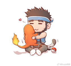 Rule 34 | 1boy, :3, = =, affectionate, arm tattoo, artist request, bara, bare arms, beard, black hair, blue headband, blue shirt, brucie (infighter821), charmander, check artist, chibi, creature, creatures (company), cross, cross necklace, dungeon and fighter, facial hair, full beard, full body, game freak, gen 1 pokemon, happy, headband, heart, holding, holding creature, jewelry, kulolin, male focus, male priest (dungeon and fighter), muscular, muscular male, necklace, nintendo, pokemon, second-party source, shirt, sleeveless, sleeveless shirt, tail, tail wagging, tattoo, thick eyebrows, tiger tail