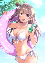 Rule 34 | 1girl, absurdres, bikini, blue sky, breasts, brown hair, can, commentary request, day, drink can, front-tie bikini top, front-tie top, hair ornament, highres, innertube, inui sekihiko, large breasts, long hair, looking at viewer, love live!, love live! school idol project, minami kotori, navel, ocean, one side up, open mouth, product placement, side-tie bikini bottom, sky, smile, soda, soda can, solo, sprite (drink), swim ring, swimsuit, water, white bikini, yellow eyes