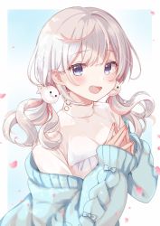 Rule 34 | 1girl, black eyes, blush, collared shirt, gomano rio, hair ornament, highres, jacket, long hair, long sleeves, looking at viewer, nail polish, open mouth, original, petals, pink nails, shirt, simple background, sleeves past wrists, smile, sweater jacket, twintails, upper body, white hair, white shirt