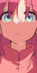 Rule 34 | 1girl, blue eyes, bocchi the rock!, cherry blossoms, close-up, expressionless, gotoh hitori, hair over eyes, highres, jacket, kerorira, looking at viewer, pink hair, pink jacket, solo, track jacket