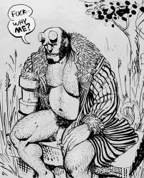 Rule 34 | 1boy, absurdres, bald spot, bara, bare shoulders, belly, blank eyes, broken horn, demon boy, english text, excessive pubic hair, facial hair, fat, fat man, feet out of frame, goatee, greyscale, hairy, hand hair, hellboy, hellboy (comic), highres, horns, large pectorals, male focus, male pubic hair, mature male, monochrome, monster boy, muscular, muscular male, mutton chops, nipples, pectorals, pointy ears, pubic hair, sitting, sketch background, smagma, solo, speech bubble, thick chest hair, thick leg hair, thick thighs, thighs, ugly man, very hairy