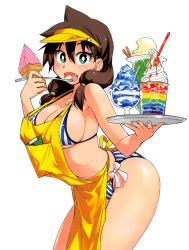 Rule 34 | 1girl, amano megumi, amano megumi wa suki darake!, apron, aqua eyes, arched back, bikini, breasts, bright pupils, brown hair, cleavage, cowboy shot, fang, food, from side, hair over shoulder, holding, holding food, holding tray, ice cream, ice cream cone, large breasts, long hair, looking at viewer, nekoguchi, non-web source, official art, open mouth, pocket, shaved ice, side-tie bikini bottom, simple background, solo, striped bikini, striped clothes, swimsuit, tray, vertical-striped bikini, vertical-striped clothes, visor cap, white background, yogurt