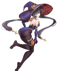 Rule 34 | 1girl, ass, backless outfit, black hair, bodystocking, breasts, choker, deatheach, elbow gloves, genshin impact, gloves, green eyes, hair ornament, hat, highres, leotard, long hair, looking at viewer, medium breasts, mona (genshin impact), pantyhose, purple leotard, simple background, solo, star (symbol), star hair ornament, twintails, white background, witch hat