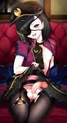 Rule 34 | 1boy, 1other, aka syakkou, black hair, clothes lift, couch, crossdressing, eyepatch, fate/grand order, fate (series), genderswap, genderswap (ftm), grey eyes, hair ornament, hairclip, highres, male focus, mysterious ranmaru x (fate), navel, nipples, partially undressed, penis, skirt, skirt lift, testicles, thighhighs, trap